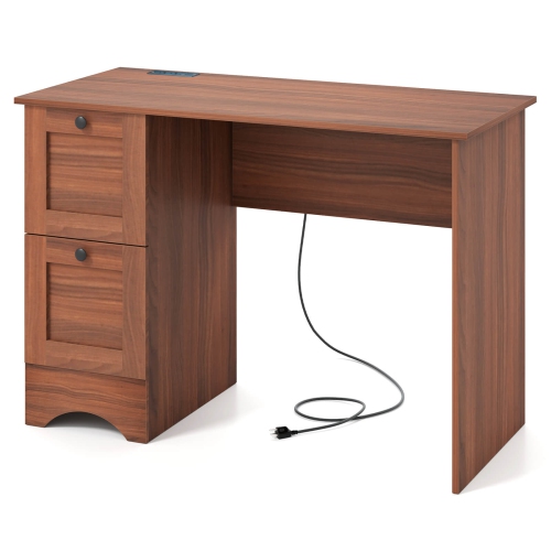 Costway 43" Home Office Desk with Charging Station Compact Study Writing Desk Walnut