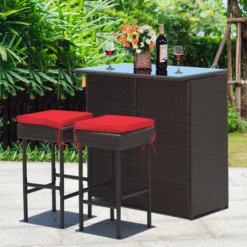 Costway 3PCS Patio Rattan Wicker Bar Table Stools Dining Set Cushioned Chairs Garden Red