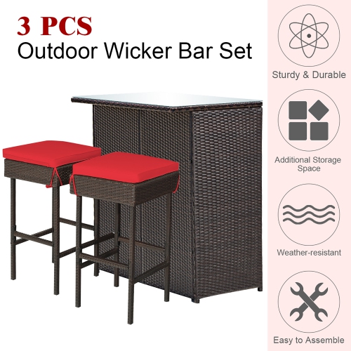 Costway 3PCS Patio Rattan Wicker Bar Table Stools Dining Set Cushioned Chairs Garden Red