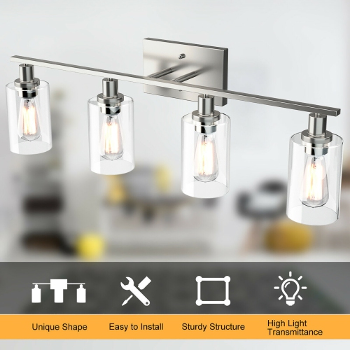 Costway 4-Light Wall Sconce Modern Bathroom Vanity Light Fixtures w/ Clear Glass Shades