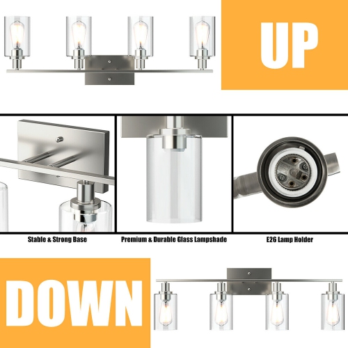 Costway 4-Light Wall Sconce Modern Bathroom Vanity Light Fixtures w/ Clear Glass Shades