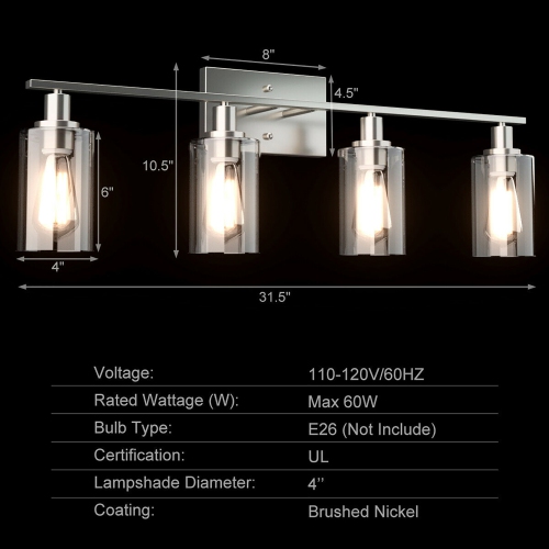 Costway 4-Light Wall Sconce Modern Bathroom Vanity Light Fixtures w/ Clear Glass Shades