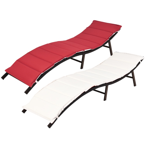 Costway Set de 2 Chaises Longues en Rotin Pliables & Empilables avec Matelas Double-Face Beige/Rouge