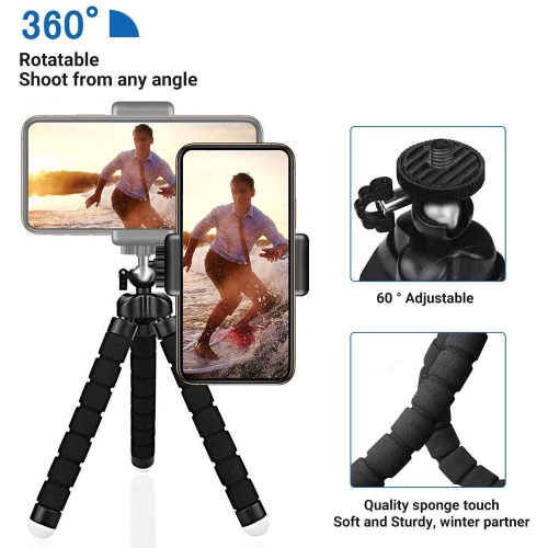 Phone Tripod, Camera Flexible Tripod with Bluetooth Remote and Universal Clip, 360° Adjustable Mini Travel Tripod
