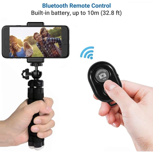 Phone Tripod, Camera Flexible Tripod with Bluetooth Remote and Universal Clip, 360° Adjustable Mini Travel Tripod