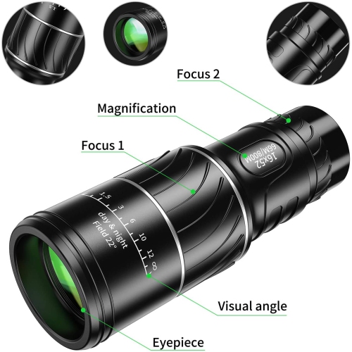 Monocular Telescope, 16x52 High Power BAK4 HD Monocular with Smartphone Holder Tripod for Adults Waterproof Night