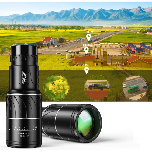 Monocular Telescope, 16x52 High Power BAK4 HD Monocular with Smartphone Holder Tripod for Adults Waterproof Night