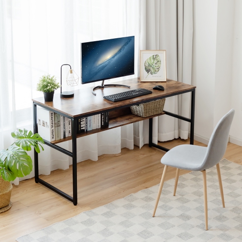 Costway 55'' Industrial Computer Desk w/ Storage Shelf Adjustable Foot Pads Home Office