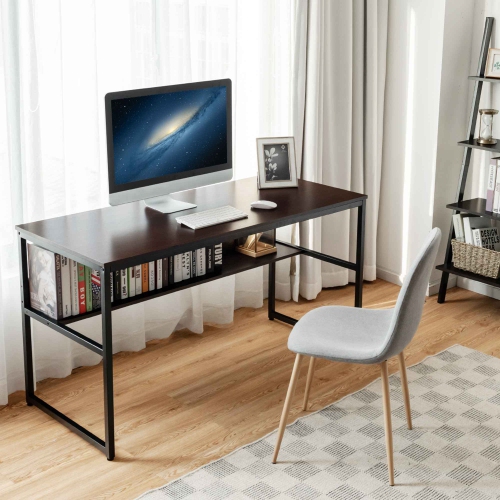 Costway 55'' Industrial Computer Desk w/ Storage Shelf Adjustable Foot Pads Home Office
