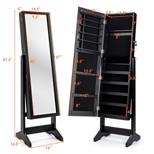 Costway Jewelry Cabinet Stand Mirror Armoire Lockable Organizer Large Storage Box Black