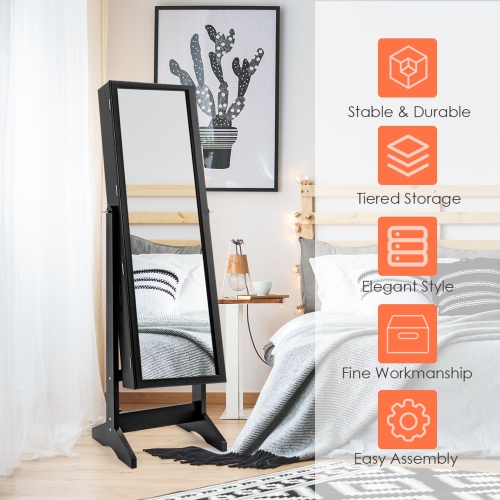 Costway Jewelry Cabinet Stand Mirror Armoire Lockable Organizer Large Storage Box Black