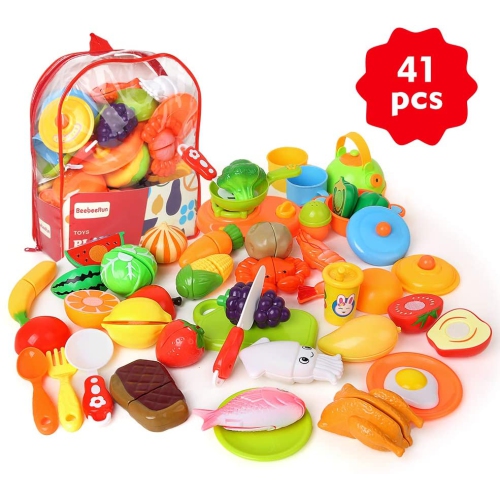 toy kitchen set with food