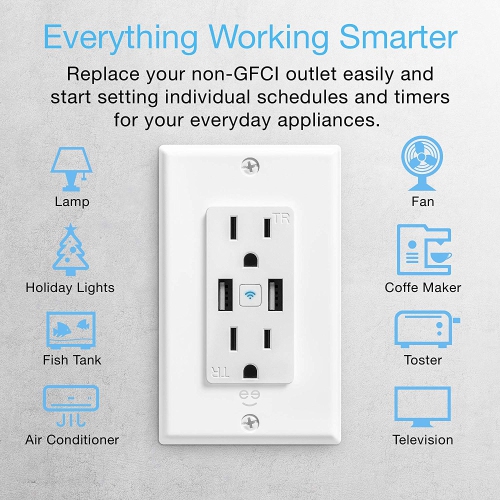 Geeni Smart Wi-Fi Wall Outlet With 2 Plugs and 2 USB Ports - White