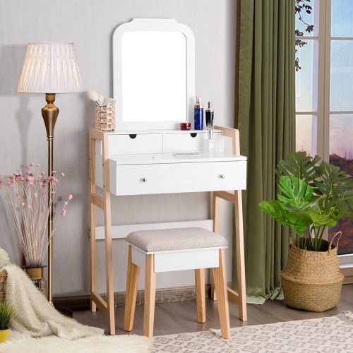 Costway Makeup Vanity Table w/ 3 Drawers & Mirror Dressing table and Cushioned Stool Set