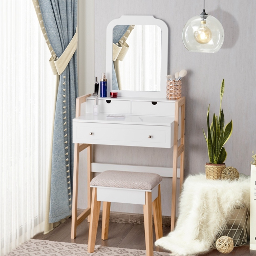 Costway Makeup Vanity Table w/ 3 Drawers & Mirror Dressing table and Cushioned Stool Set