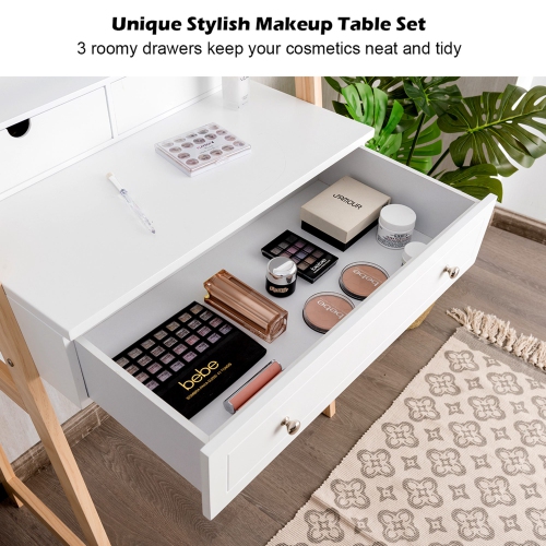 Costway Makeup Vanity Table w/ 3 Drawers & Mirror Dressing table and Cushioned Stool Set
