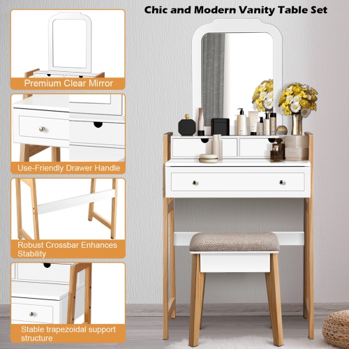 Costway Makeup Vanity Table w/ 3 Drawers & Mirror Dressing table and Cushioned Stool Set