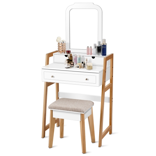 Costway Makeup Vanity Table w/ 3 Drawers & Mirror Dressing table and Cushioned Stool Set