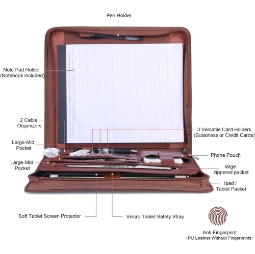 Portfolio Binder Zippered Padfolio, Interview Resume Document Organizer Leather Travel Conference Folder Executive Business Padfolio Case with