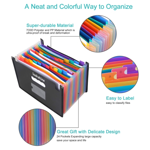 Chemise extensible à 24 pochettes, accordéon portatif A4, classeur expansible, grande capacité, plastique, multicolore