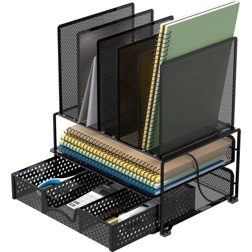 SimpleHouseware – Range-tout de bureau en filet avec tiroir coulissant, plateau double et 5 sections verticales, noir