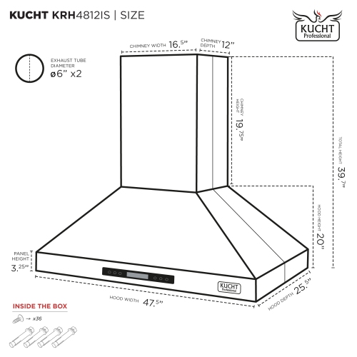 KUCHT Professional 48-inch Island Mounted Range Hood 900CFM in Stainless Steel