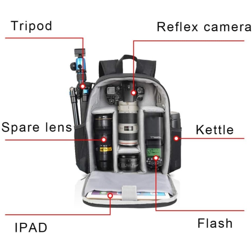 Sac à dos étanche professionnel pour appareil reflex/reflex compatible avec objectifs Nikon de Sony trépied et accessoires - Noir