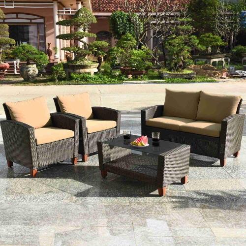 Costway 8PCS Patio Rattan Furniture Set Solid Wood Leg Cushioned Sofa Garden Lawn
