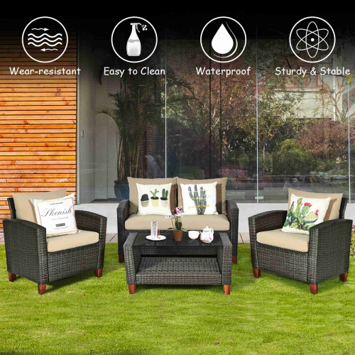 Costway 8PCS Patio Rattan Furniture Set Solid Wood Leg Cushioned Sofa Garden Lawn