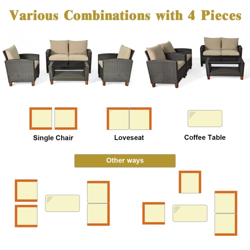 Costway 4PCS Patio Rattan Furniture Set Solid Wood Leg Cushioned Sofa Garden Lawn