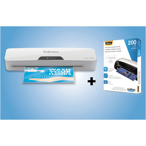 Trousse de démarrage avec plastifieuse 12,5 po Halo 125 de Fellowes et pochettes pour bureau/magasin