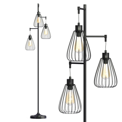 COSTWAY  67"industrial 3-Light Floor Lamp Metal Standing Tree Lighting Bedroom Office