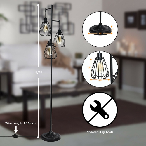 Costway 67''Industrial 3-Light Floor Lamp Metal Standing Tree Lighting Bedroom Office