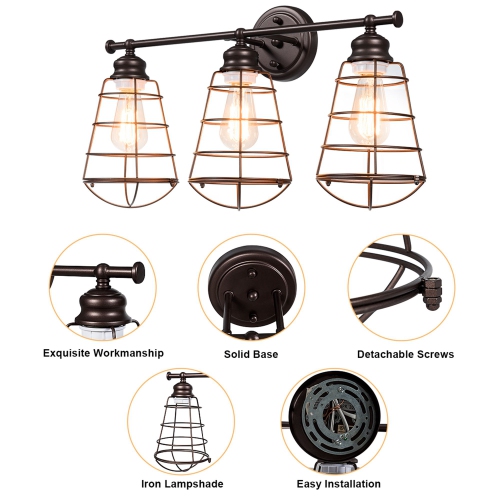 Costway 3-Light Vanity Light Metal Wire Cage Wall Sconce Bathroom Fixture Artist Lamp