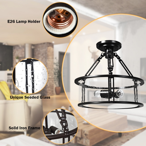 Costway Semi Flush Mount Ceiling Light 3-Light Industrial Bubble Glass Pendant Lamp