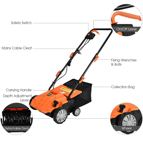 Costway 12Amp Corded Scarifier 13” Electric Lawn Dethatcher w/40L Collection Bag