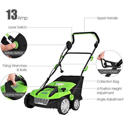 Costway 13Amp Corded Scarifier 15'' Electric Lawn Mower w/50L Collection Bag
