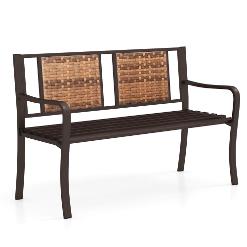 Costway Patio Garden Bench Steel Frame Rattan Backrest Park Yard Outdoor Porch Furniture