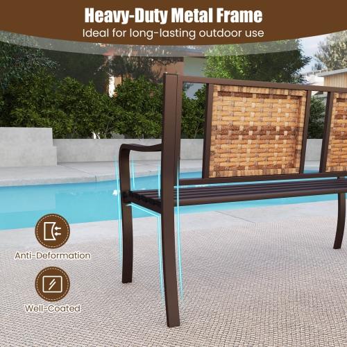 Costway Patio Garden Bench Steel Frame Rattan Backrest Park Yard Outdoor Porch Furniture
