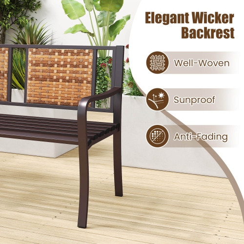 Costway Patio Garden Bench Steel Frame Rattan Backrest Park Yard Outdoor Porch Furniture