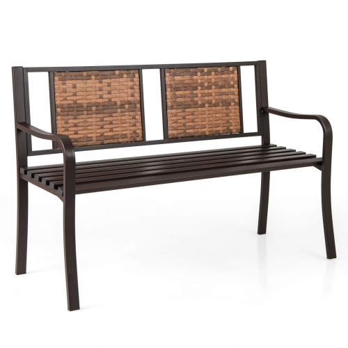 Costway Patio Garden Bench Steel Frame Rattan Backrest Park Yard Outdoor Porch Furniture