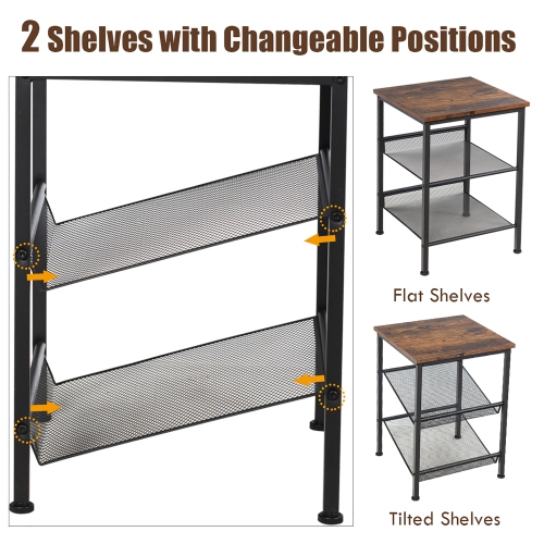 Costway Set of 2 3-Tier Industrial End Side Table Nightstand W/2 Adjustable Shelves