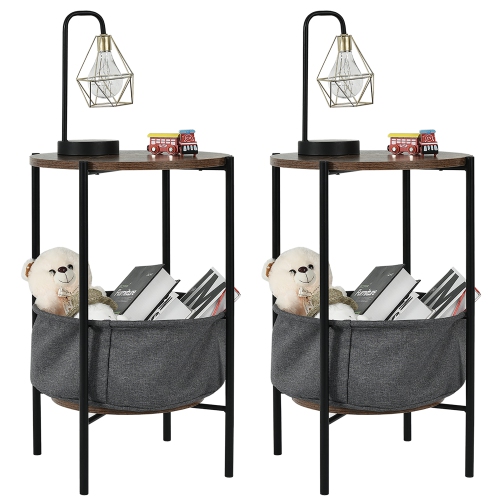 Costway Set of 2 Industrial Round End Side Table Sofa Coffee Table w/ Storage Basket