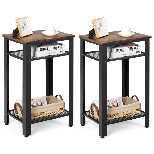 COSTWAY  Set Of 2 3-Tier Industrial Tall Nightstand Side End Telephone Table W/ Shelves