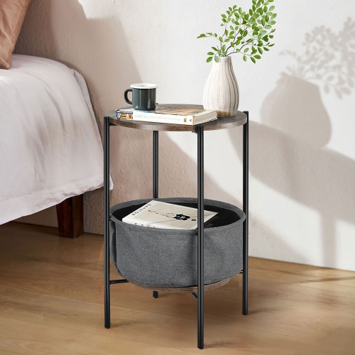 Costway Industrial Round End Side Table Sofa Coffee Table w/ Storage Basket&Metal Frame