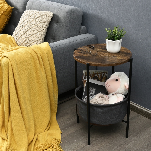 Costway Industrial Round End Side Table Sofa Coffee Table w/ Storage Basket&Metal Frame