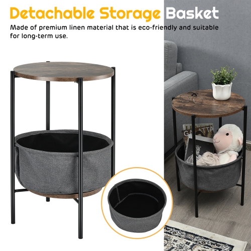 Costway Industrial Round End Side Table Sofa Coffee Table w/ Storage Basket&Metal Frame