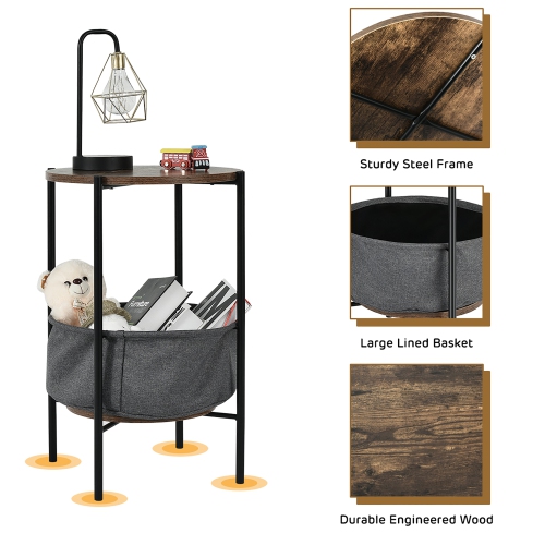 Costway Industrial Round End Side Table Sofa Coffee Table w/ Storage Basket&Metal Frame
