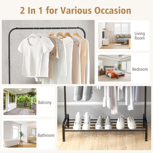 CostwayIndustrial Metal Garment Rack Heavy Duty Floor Cloth Rack w/ Shoe Storage Shelf