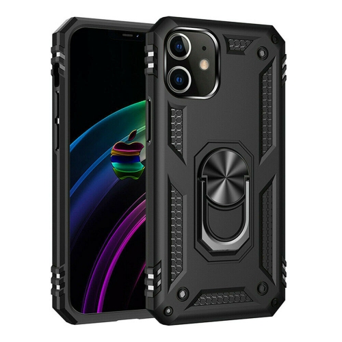 Étui rigide magnétique hybride anti-chute avec support d'anneau pour iPhone 12 Mini, noir